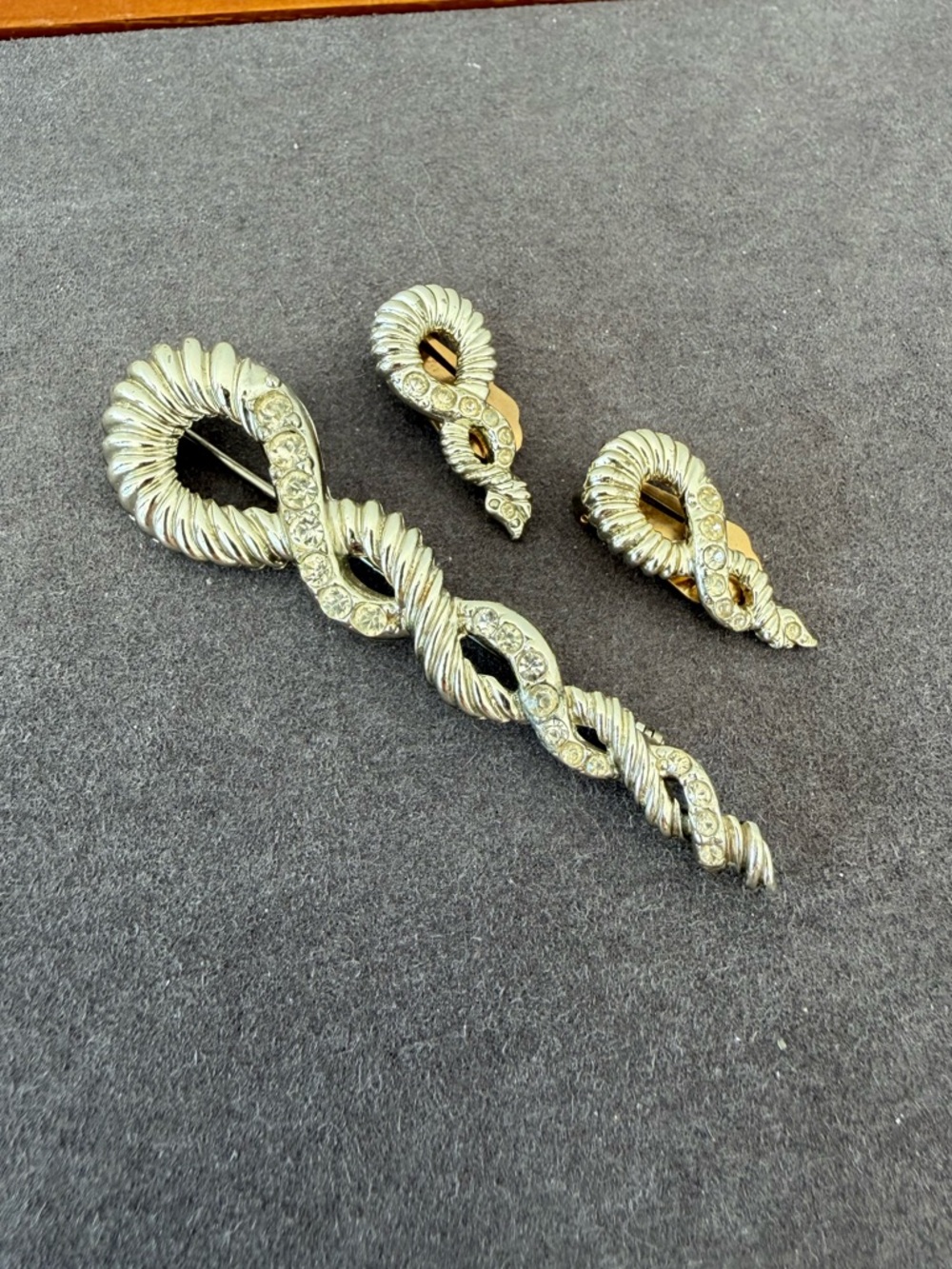 Vintage Twisted Rope Rhinestone Brooch and Clip-On Earring Set